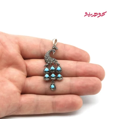 گردنبند فیروزه زنانه نقره مارکازیت مدل طاووس کد 491